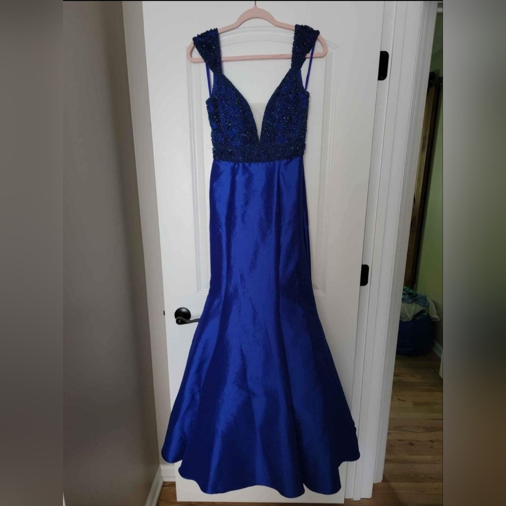 Jolene Collection Blue Beaded Satin Mermaid Gown